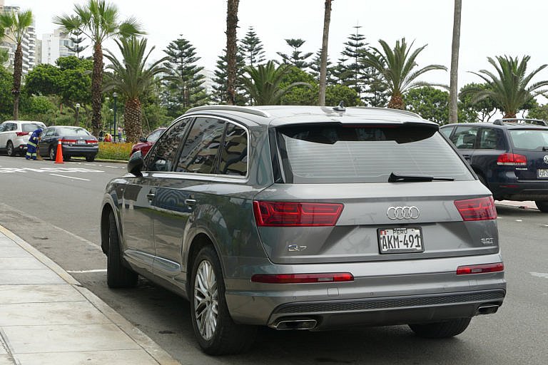 A grey Audi Q7 SUV parked on a city street lined with palm trees.