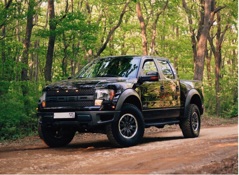 A black Ford Raptor pickup is parked on a forest road.