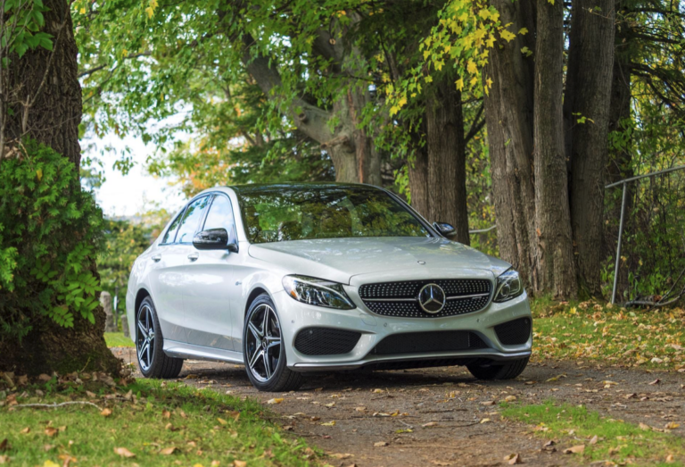 A silver Mercedes-Benz sedan parked among trees.