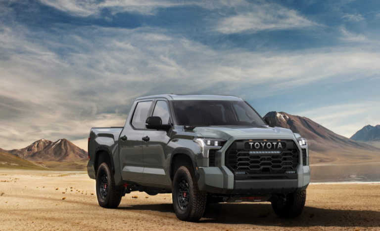 A gray Toyota Tundra pickup truck in a desert landscape.