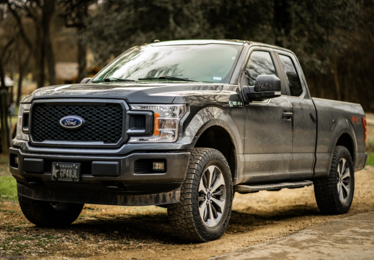 A gray Ford F-150 truck is parked on a dirt road.