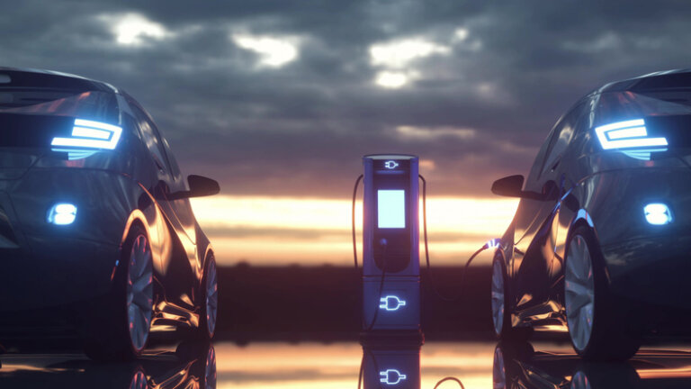 The car is parked at an electric charging station. Parking for electric vehicles. 3d rendering.