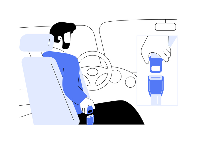Fasten seatbelt abstract concept vector illustration. Man fastening his seat belt in the car, safe driving, personal transport owner, protect yourself in automobile abstract metaphor.
