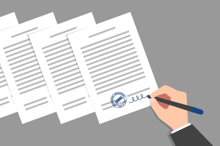 Illustration of a hand signing a contract with multiple documents stacked.