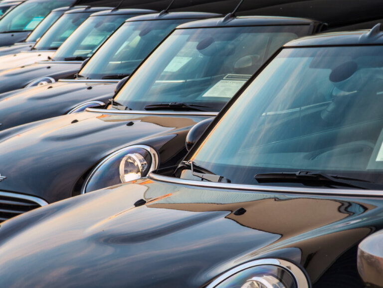 A row of new Mini Coopers is parked side by side, reflecting the sky and surrounding environment on their hoods and windshields.