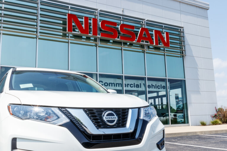 New vehicles at a Nissan Car and SUV Dealership.
